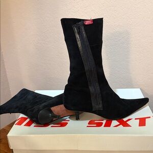 Miss Sixty Black Suede Mid-Calf Kitten Heel Boots